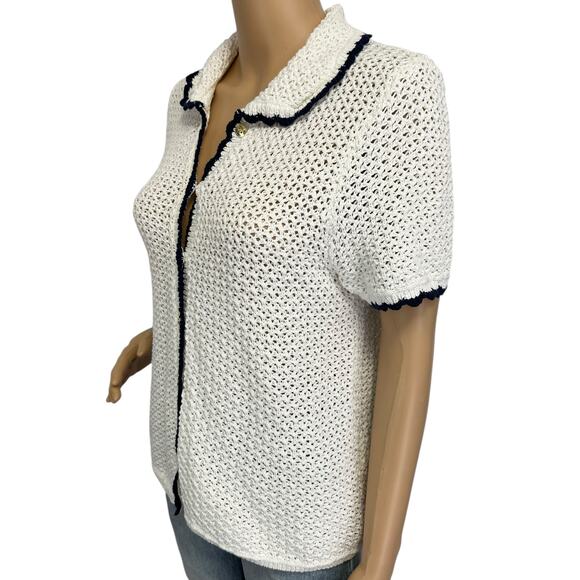 J. Crew Short Sleeve Crochet Cardigan Sweater Ivory Navy CJ215 Size M - Picture 5 of 13